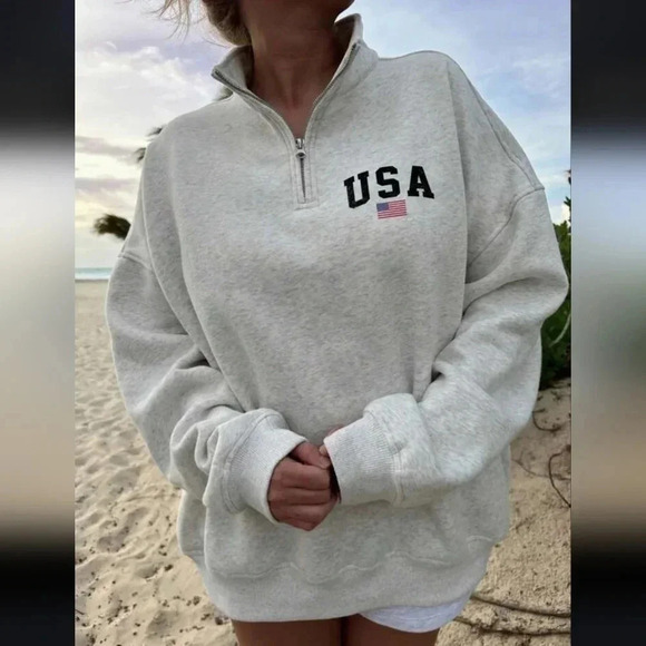 Tops - Loose Fit Half Zip High Neck Hoodie With USA Flag Print, Suitable For Independen
